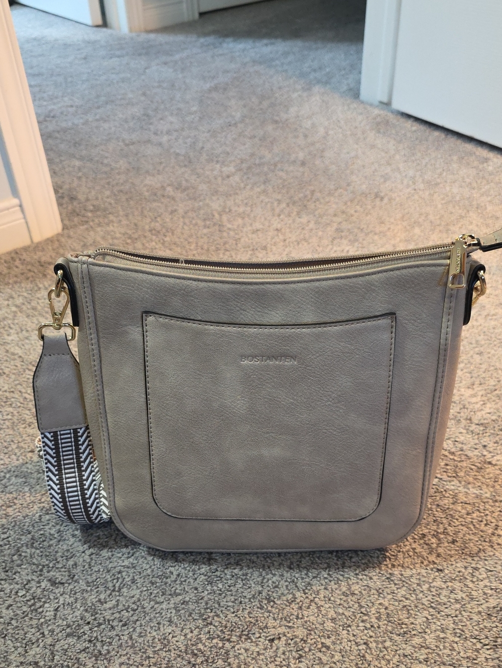 Bostanten Gray Crossbody Bag with Patterned Strap